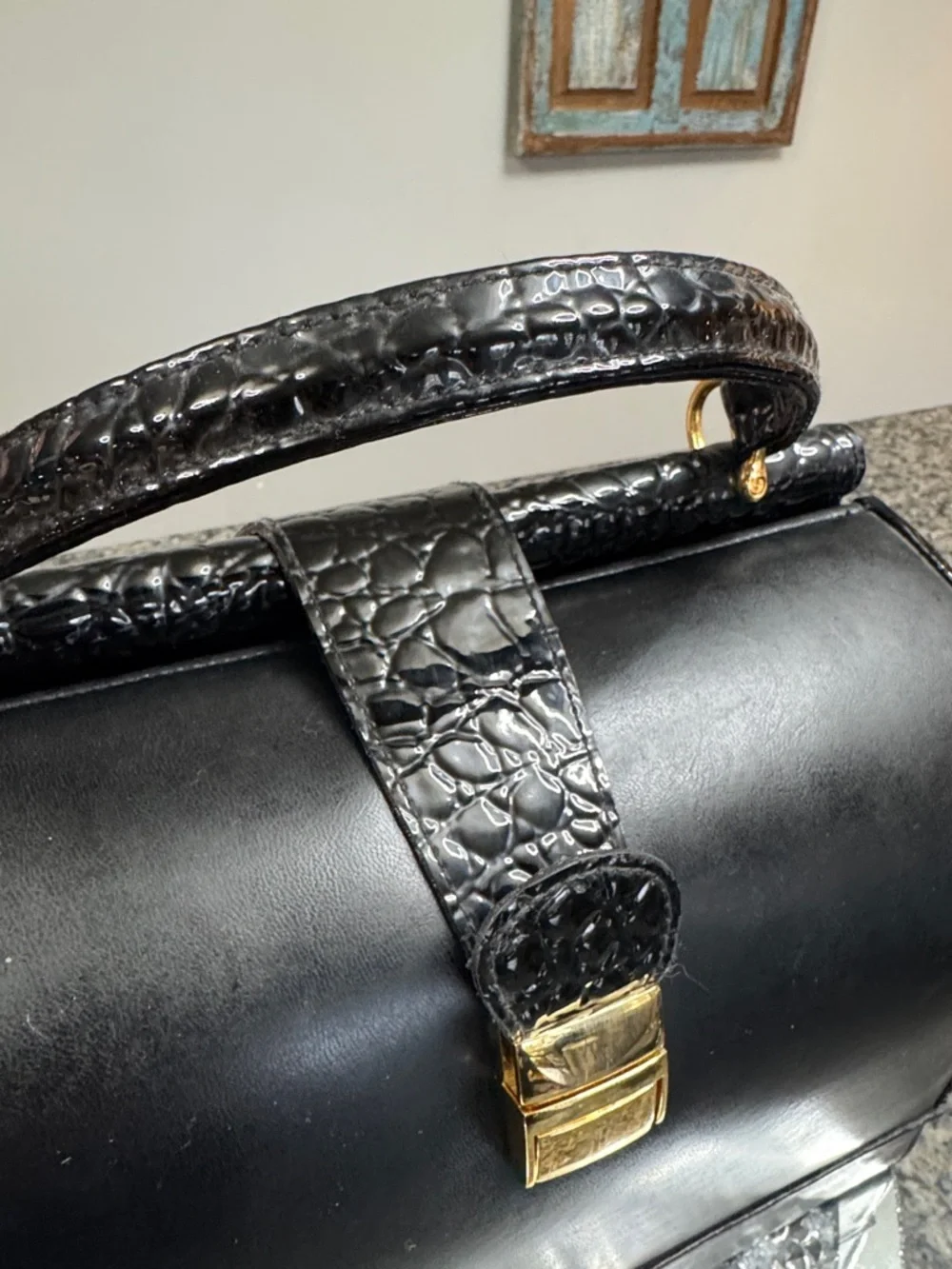 Black Structured Top-Handle Cosmetic Case with Gold Lock
